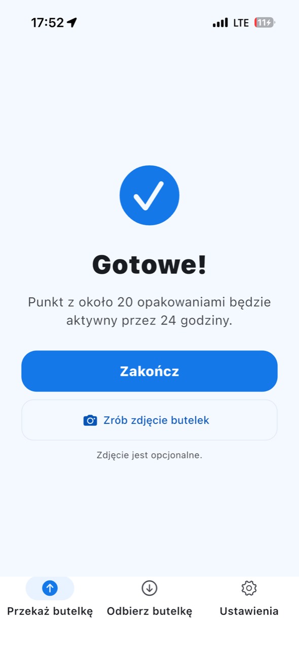 Potwierdzenie: punkt z opakowaniami będzie aktywny przez 24 godziny
