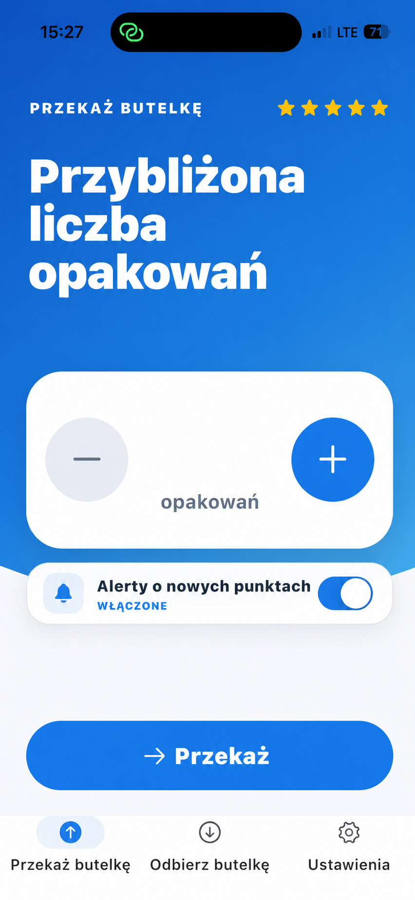 Ekran aplikacji do wyboru liczby opakowań